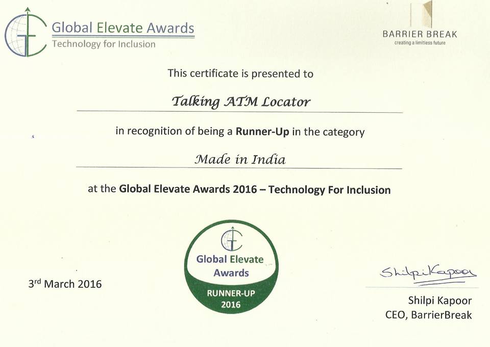 Global Elevate Award 2016 award certificate in the Category: 'Made in India' as a Runner-Up to Talking ATM Locator service